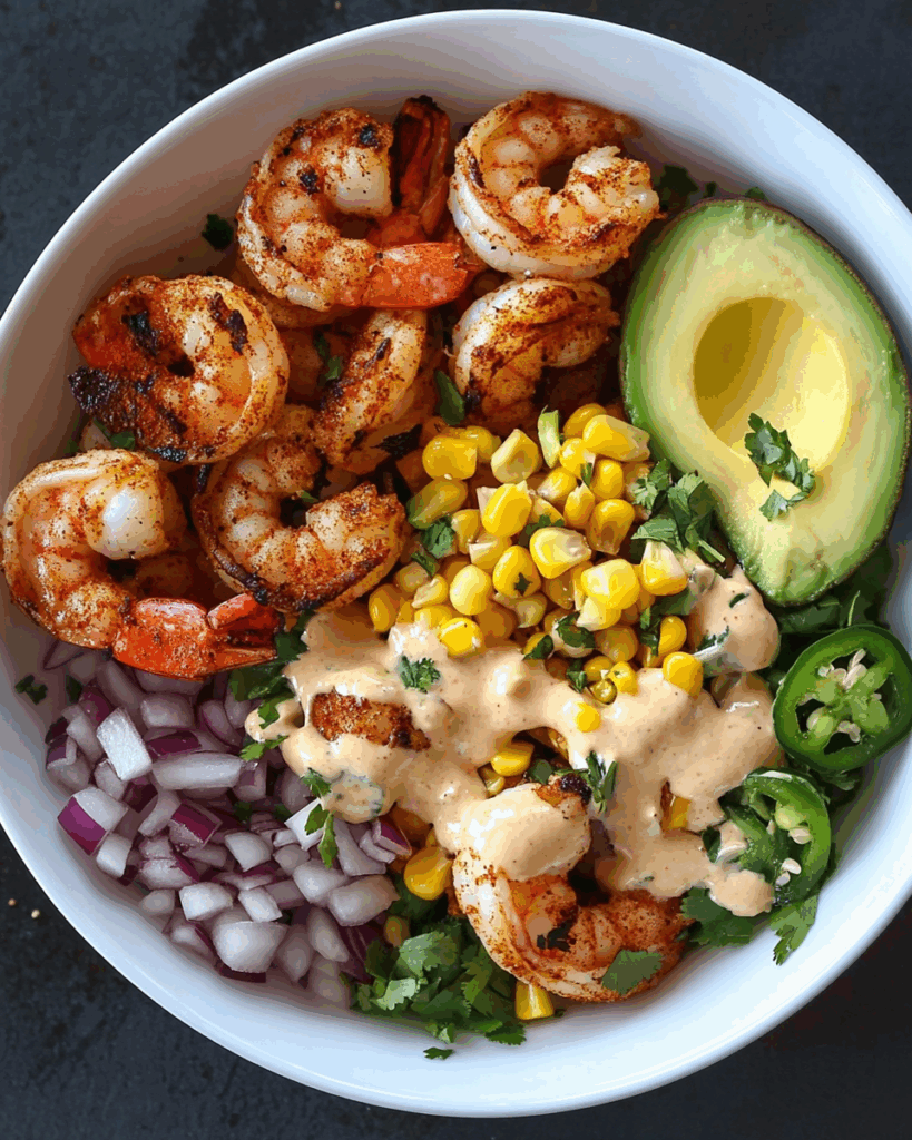 Gegrillte-Garnelen-Bowl mit Avocado, Maissalsa und cremiger Knoblauchsoße