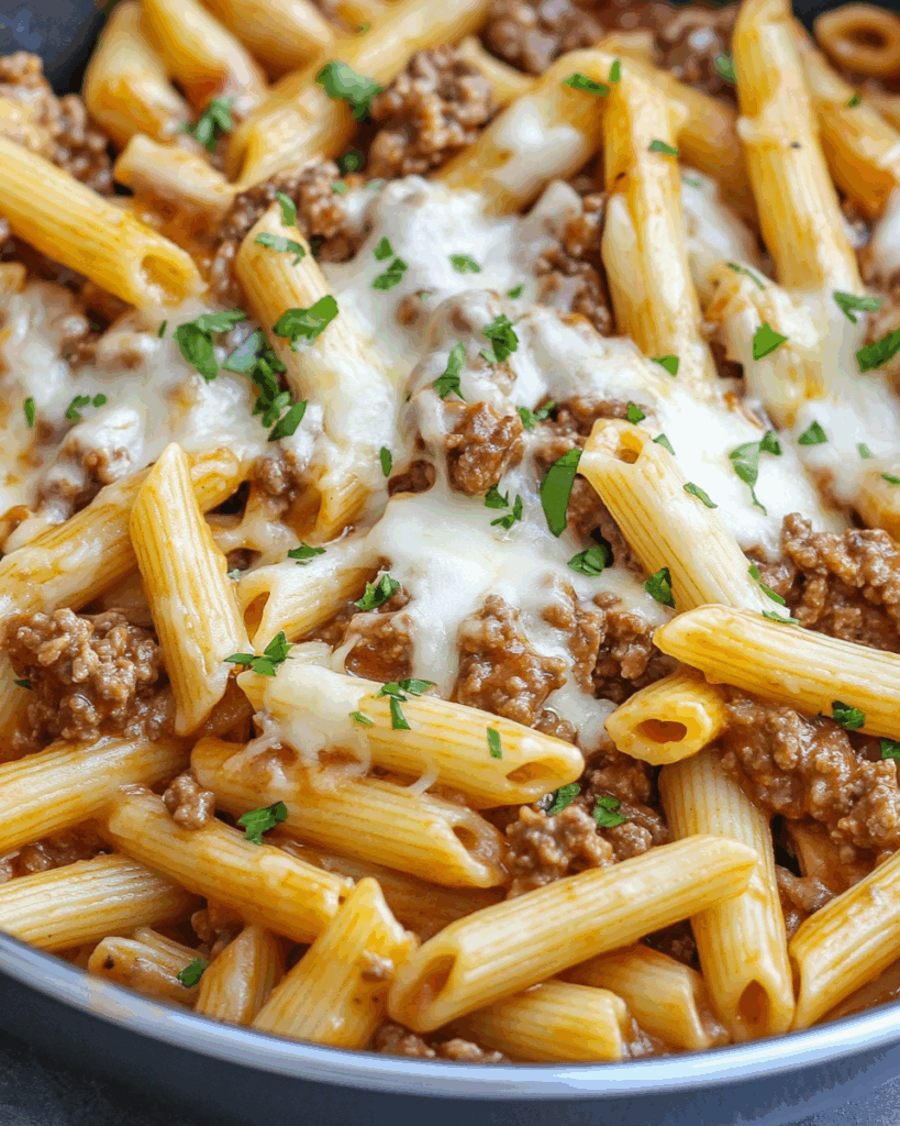 Käse-Penne mit Knoblauchbutter und Rinderhack