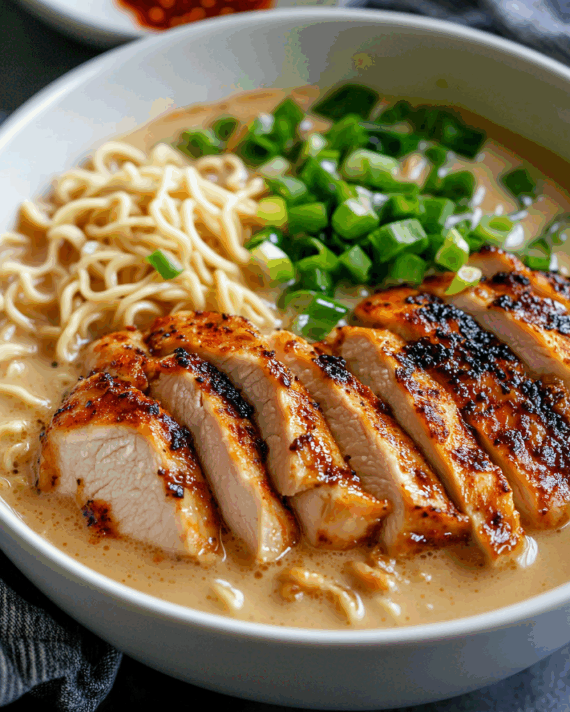 Scharfes Hühnchen-Ramen mit cremiger Knoblauchsauce