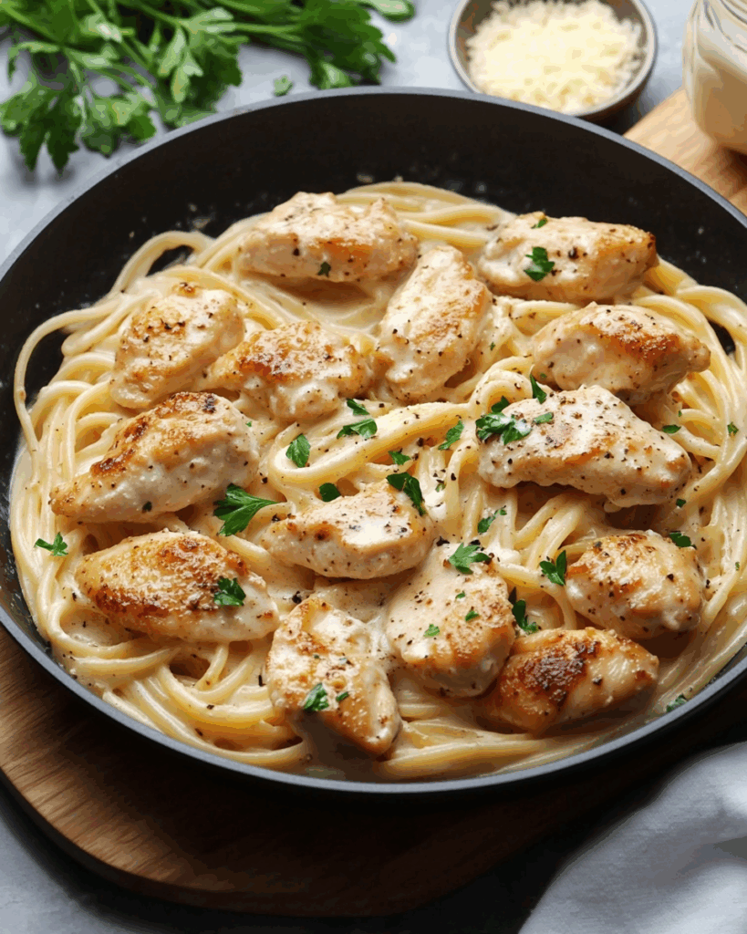Knoblauch-Butter-Hähnchenstücke mit cremiger Parmesan-Pasta