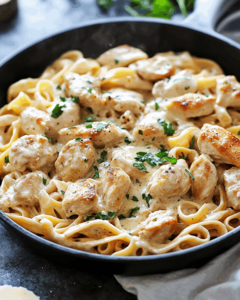 Knusprige Knoblauch-Butter-Hähnchenstücke mit cremiger Parmesan-Pasta