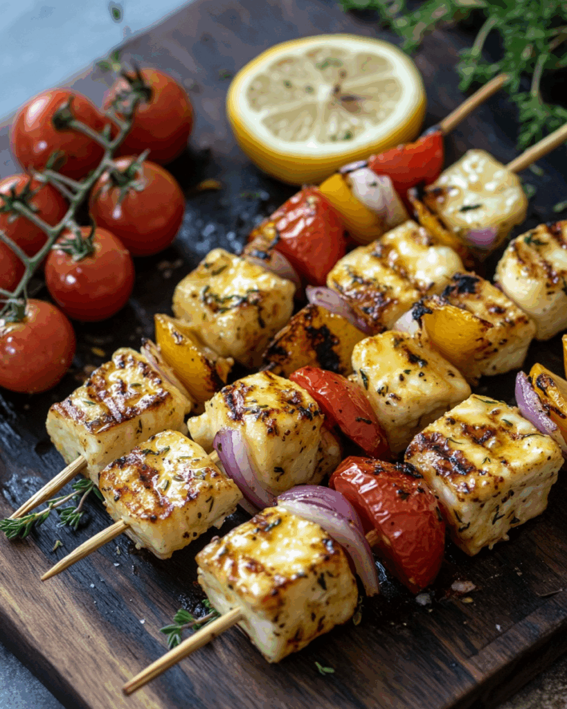 Gegrillte Halloumi-Spieße mit Zitrone und Thymian
