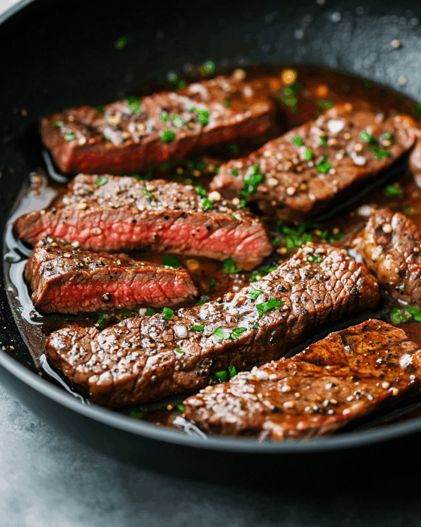 In der Pfanne gebratenes Steak in Buttersauce