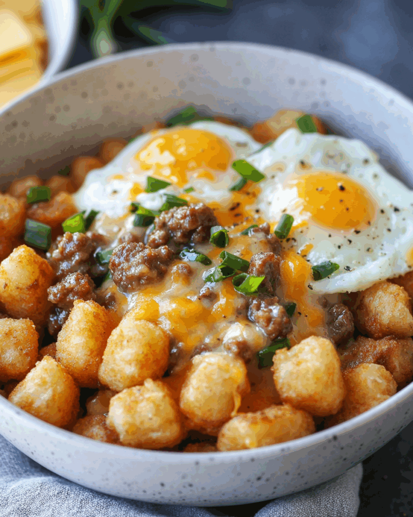 Tater Tot Frühstücksbowl mit Wurstsoße