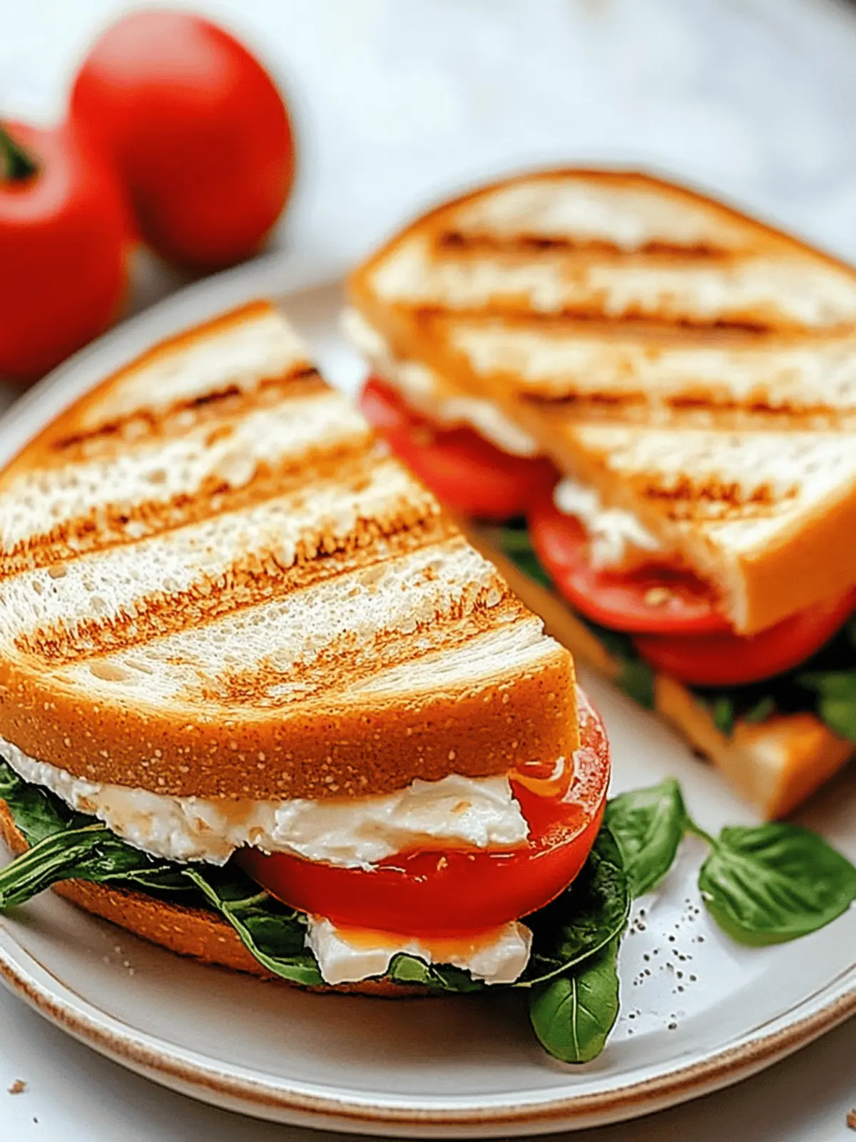 Panini-Sandwich mit Tomaten, Mozzarella und Spinat