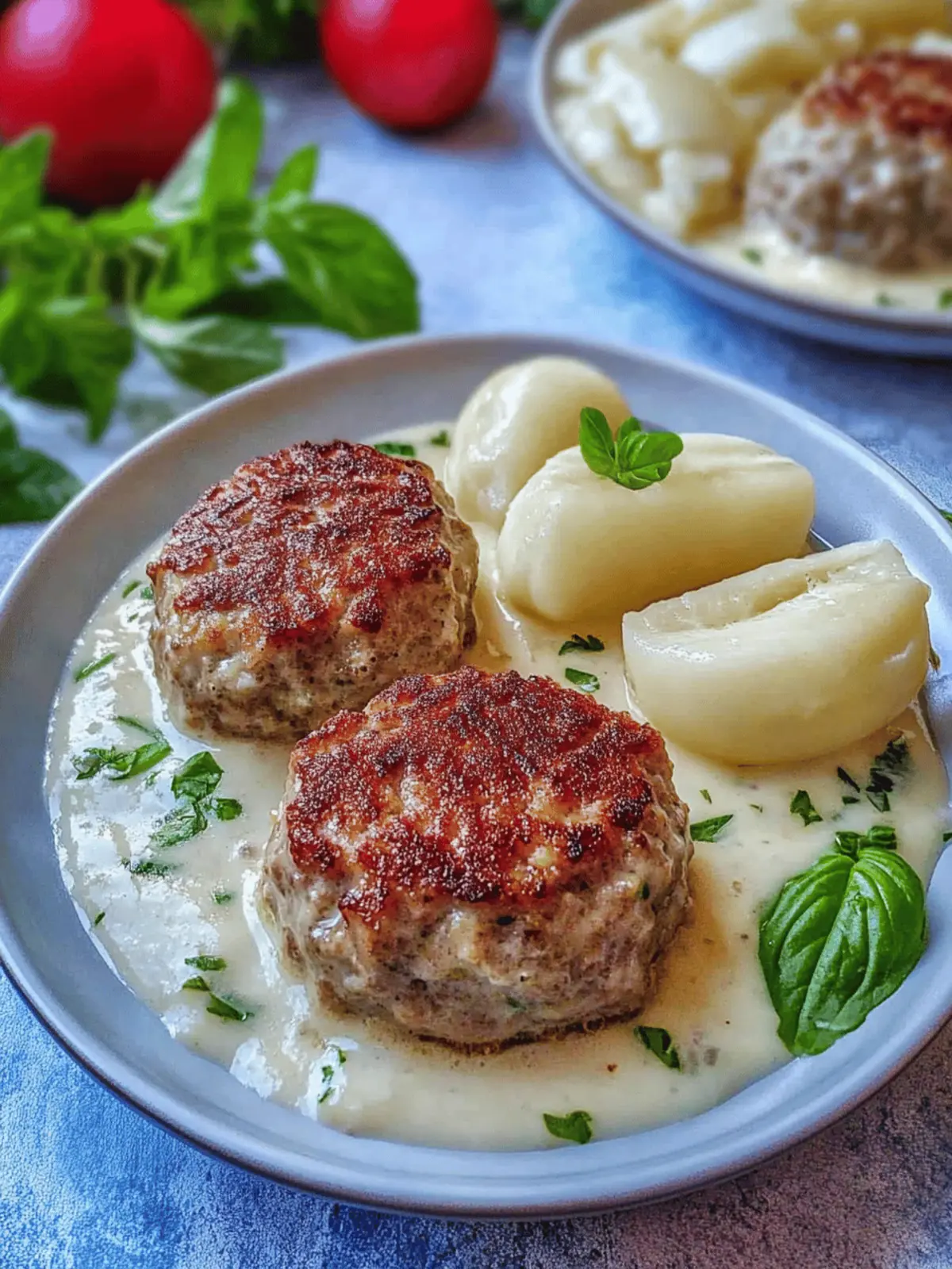 Kohlrabigemüse in heller Soße mit Frikadellen und Spätzle
