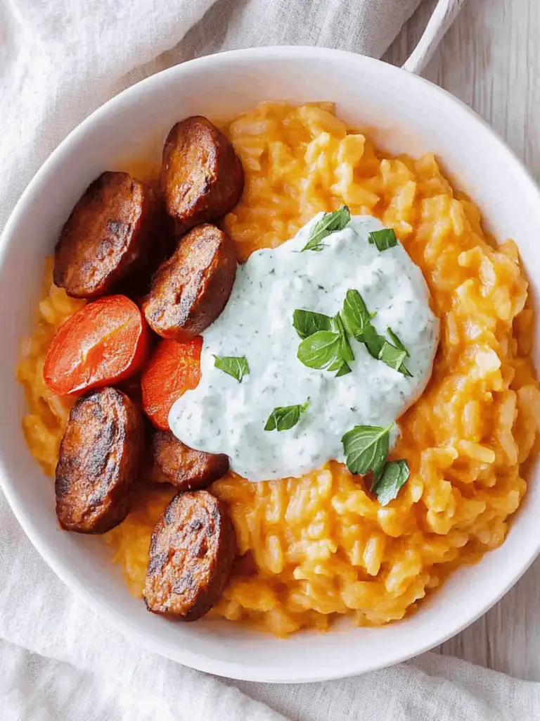 Tomaten-Kritharaki mit veganen Cevapcici und Tzatziki