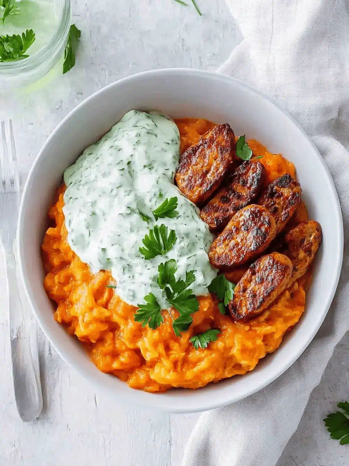 Tomaten-Kritharaki mit veganen Cevapcici und Tzatziki