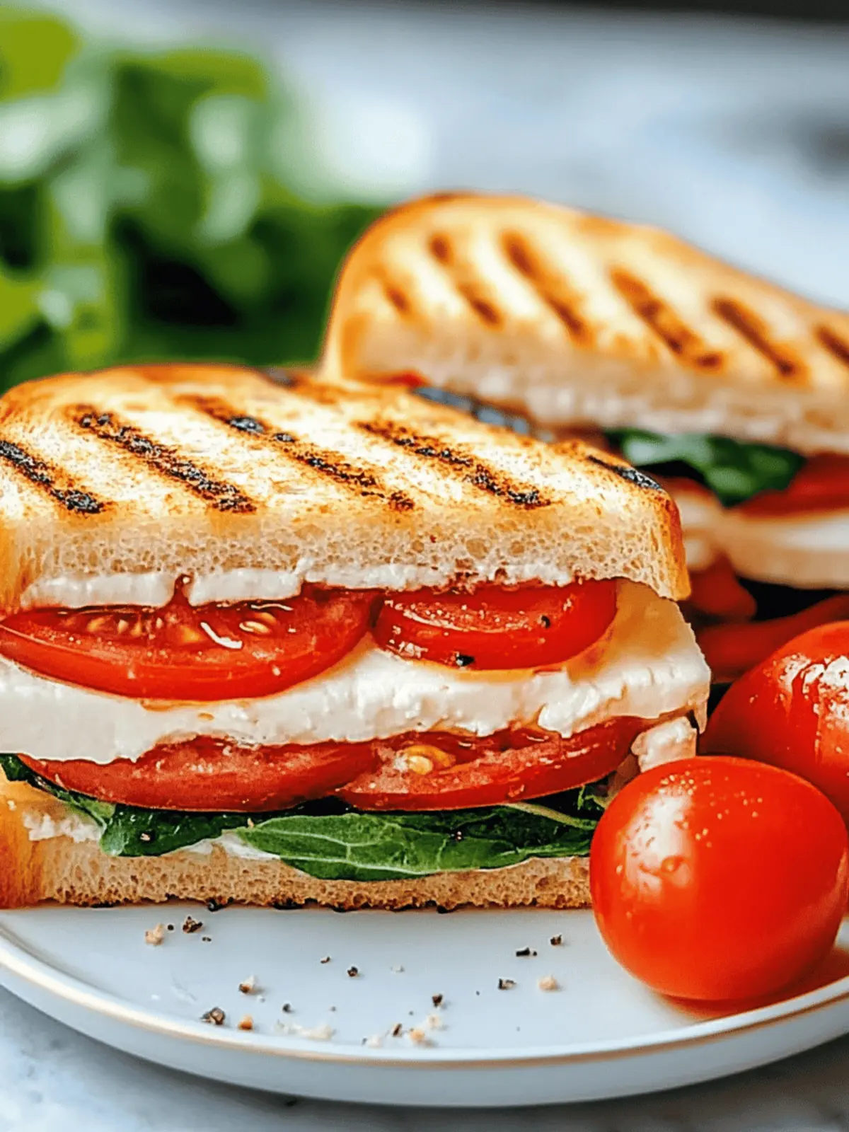 Panini-Sandwich mit Tomaten, Mozzarella und Spinat