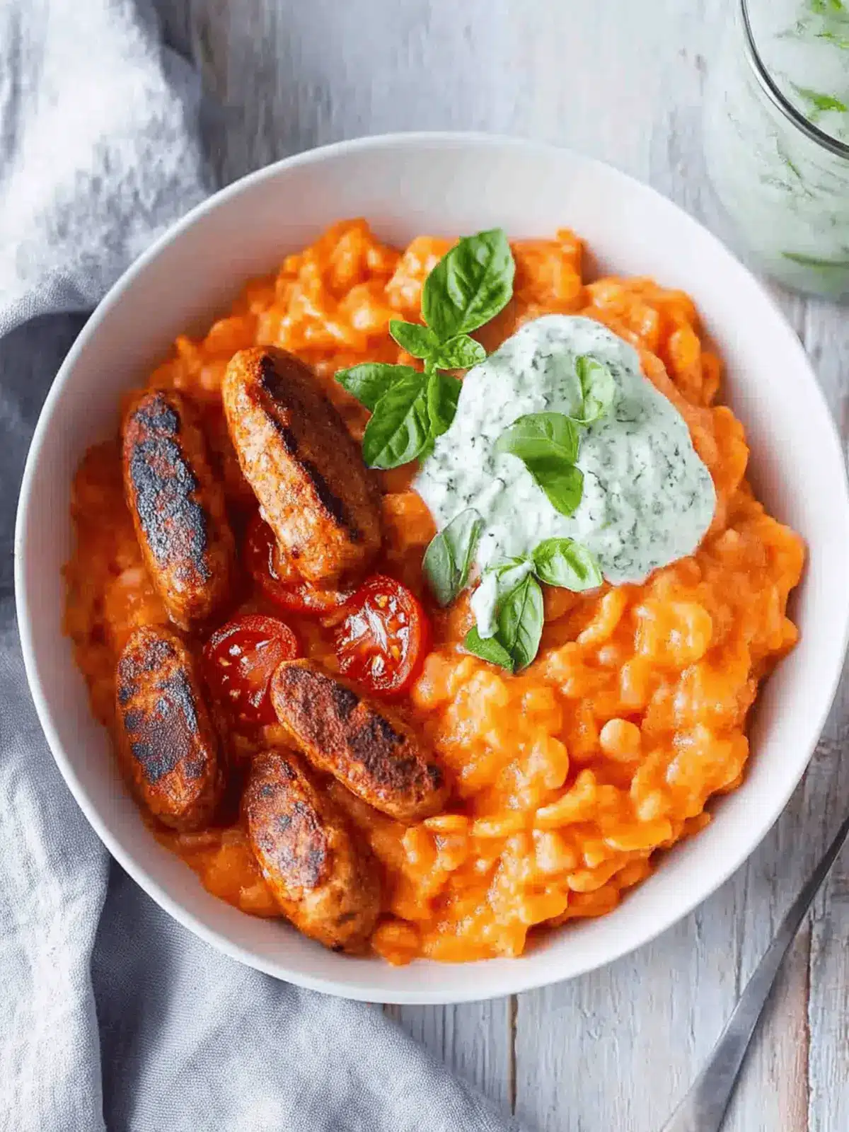 Tomaten-Kritharaki mit veganen Cevapcici und Tzatziki