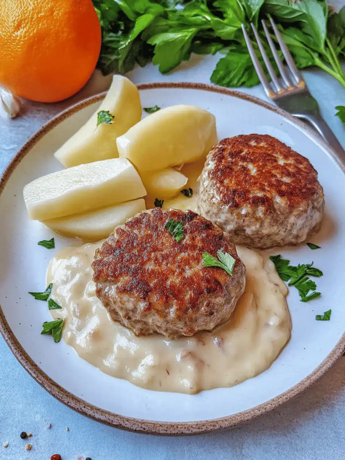 Kohlrabigemüse in heller Soße mit Frikadellen und Spätzle