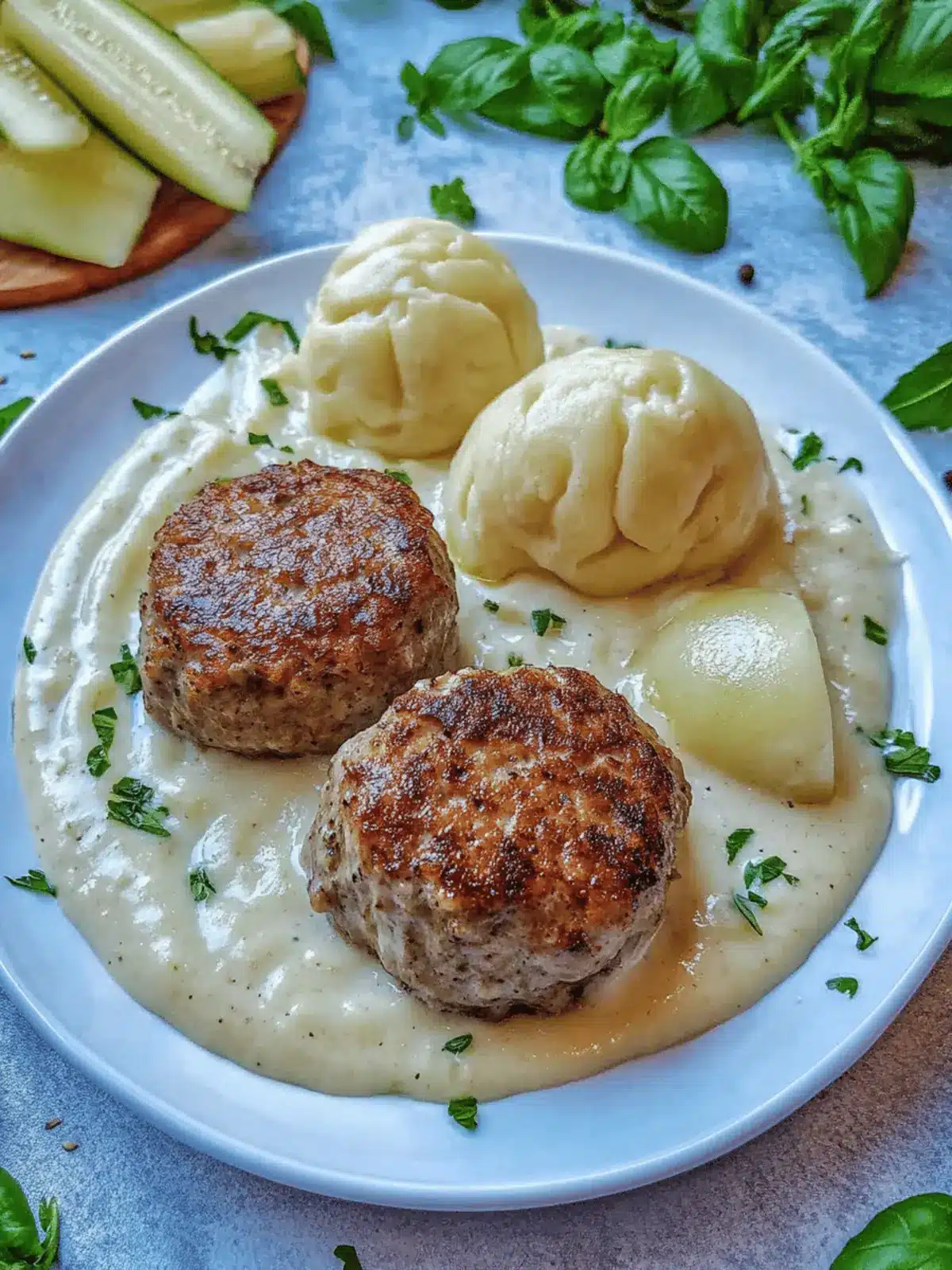 Kohlrabigemüse in heller Soße mit Frikadellen und Spätzle