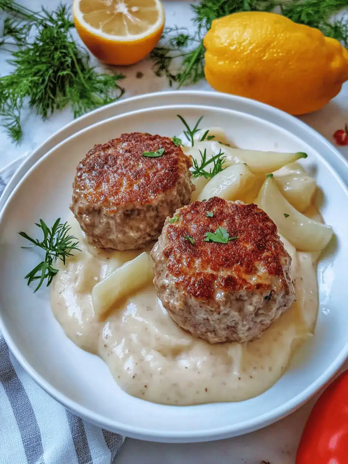 Kohlrabigemüse in heller Soße mit Frikadellen und Spätzle