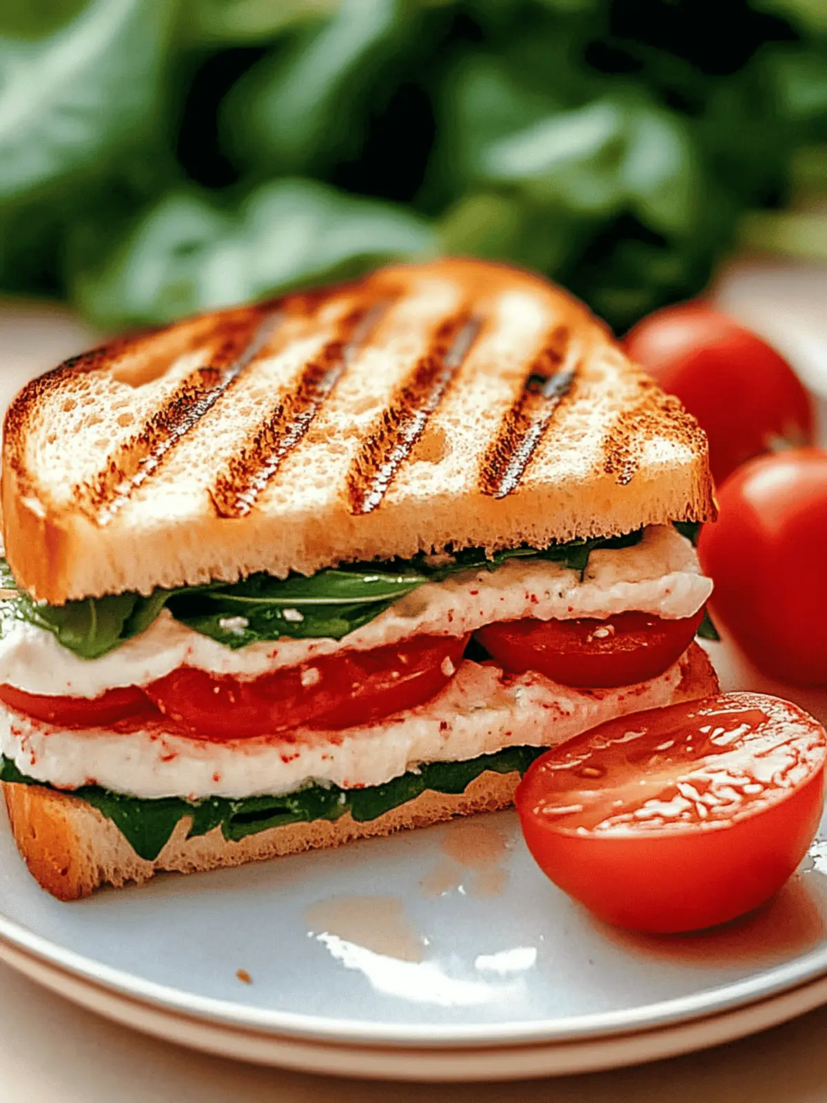 Panini-Sandwich mit Tomaten, Mozzarella und Spinat