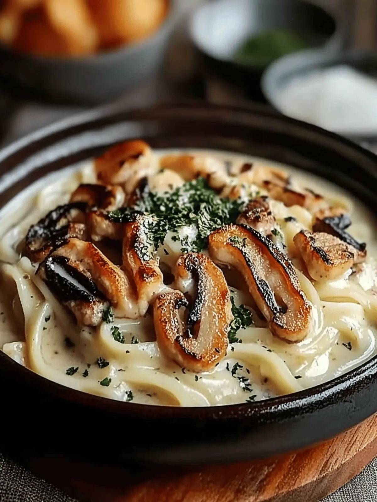 Cremige Pilz Udon Hühnchen