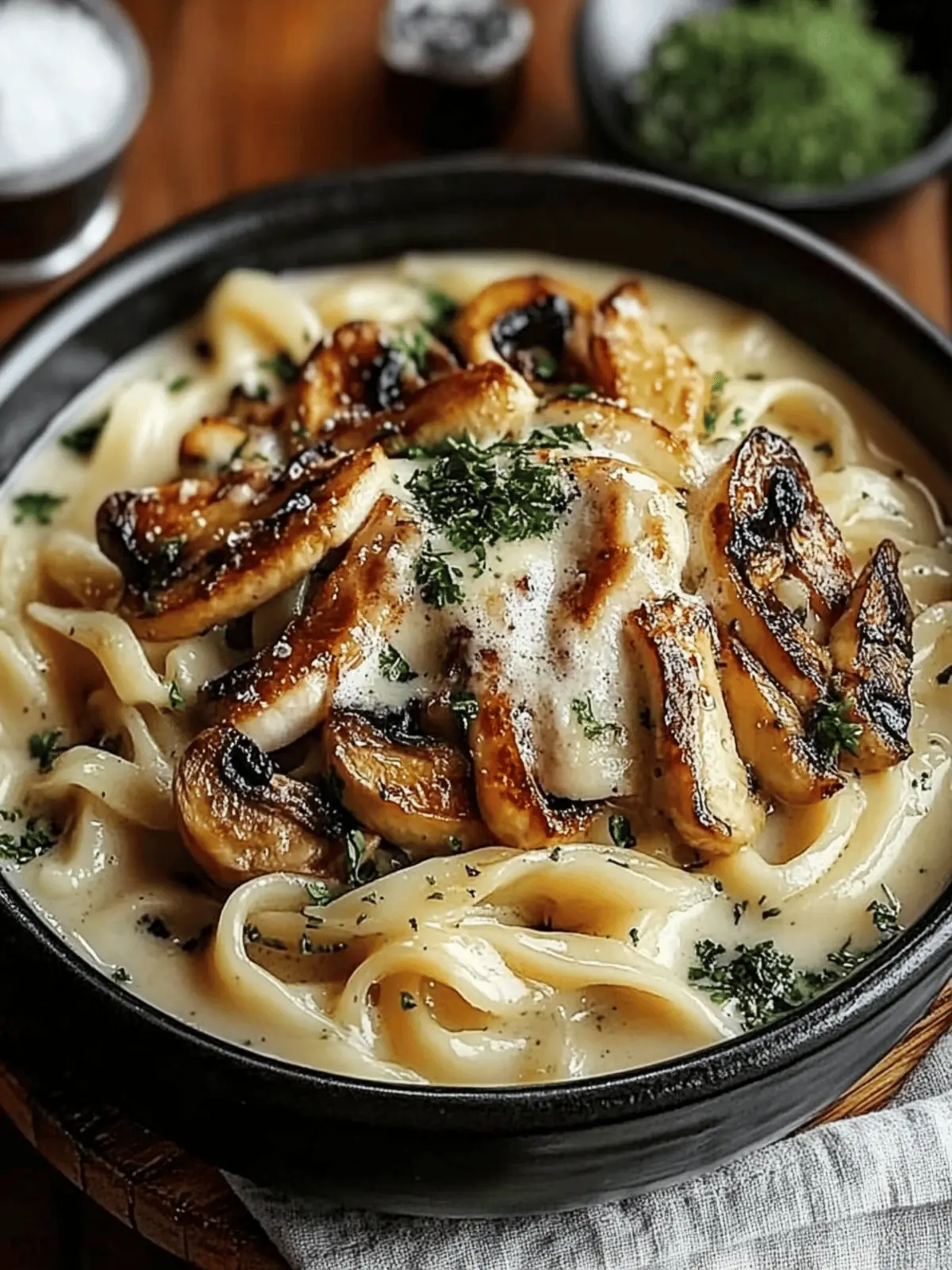 Cremige Pilz Udon Hühnchen