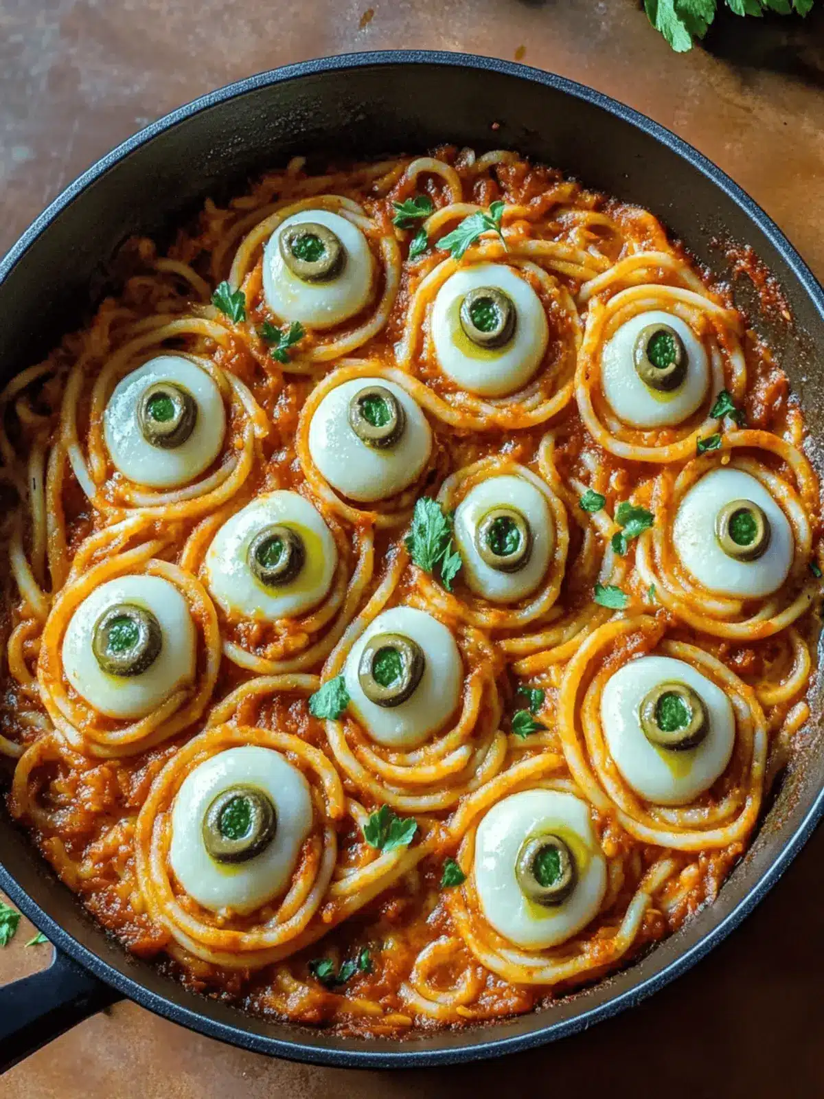 blutige Spaghetti mit Mozzarella-Augen