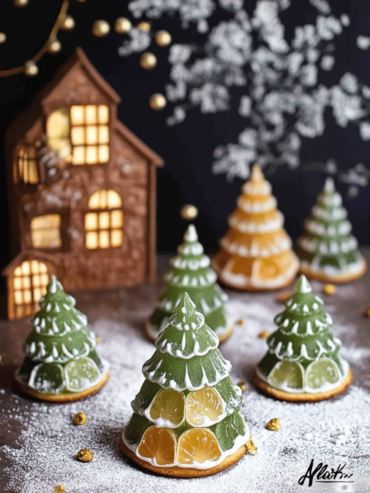 Pistazien-Weihnachtsbäume mit Himbeerfüllung