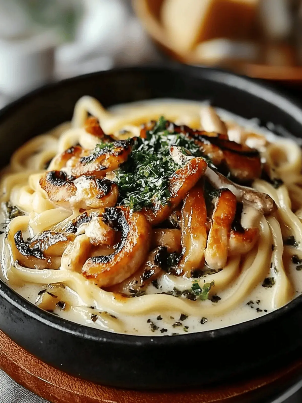 Cremige Pilz Udon Hühnchen