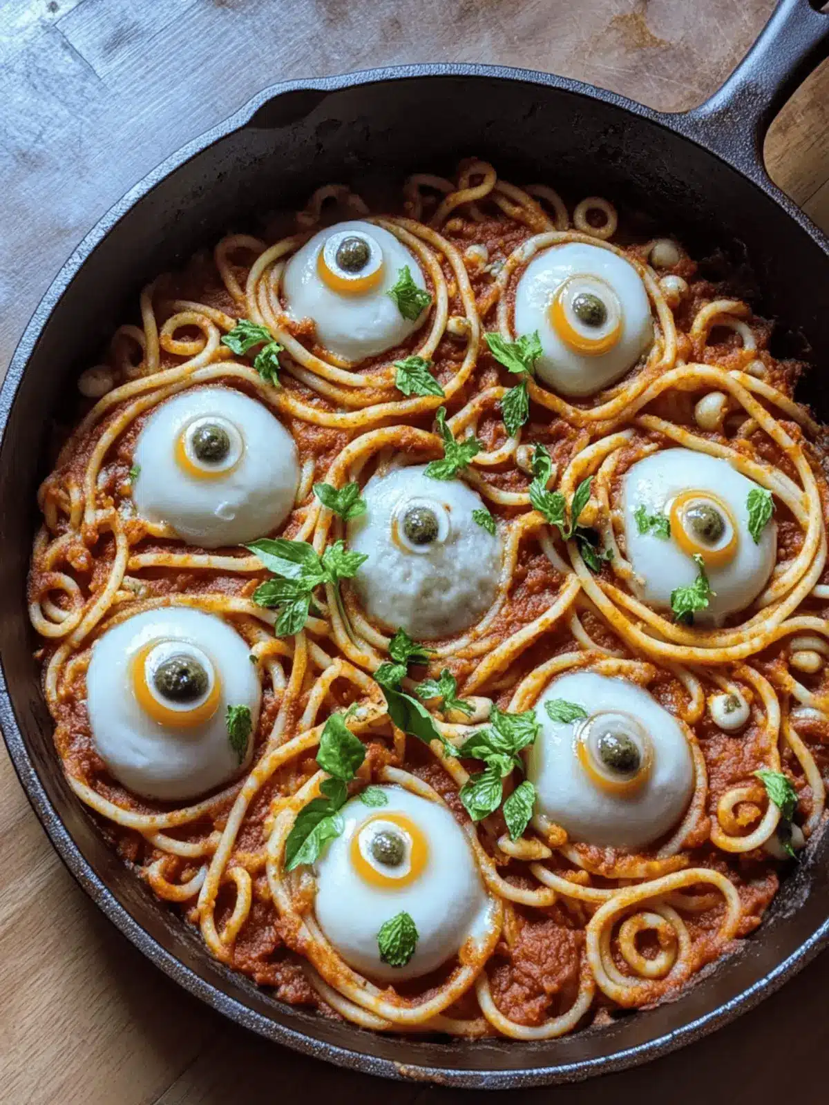 blutige Spaghetti mit Mozzarella-Augen