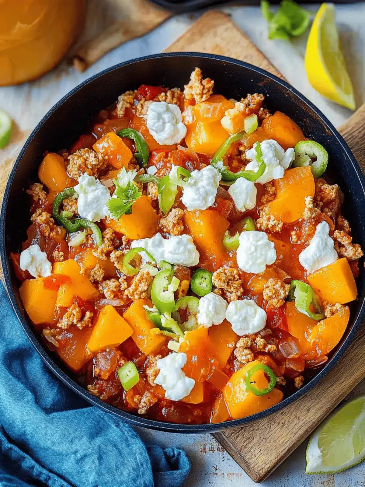 Kürbis und Hackfleischpfanne mit Feta