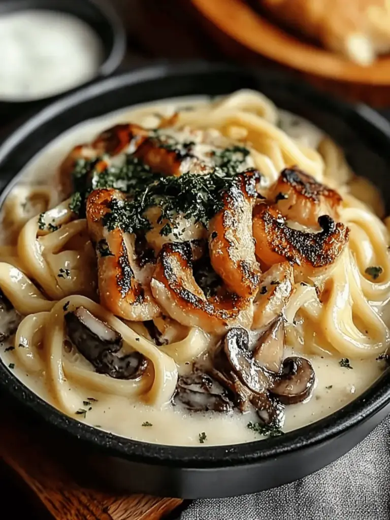 Cremige Pilz Udon Hühnchen