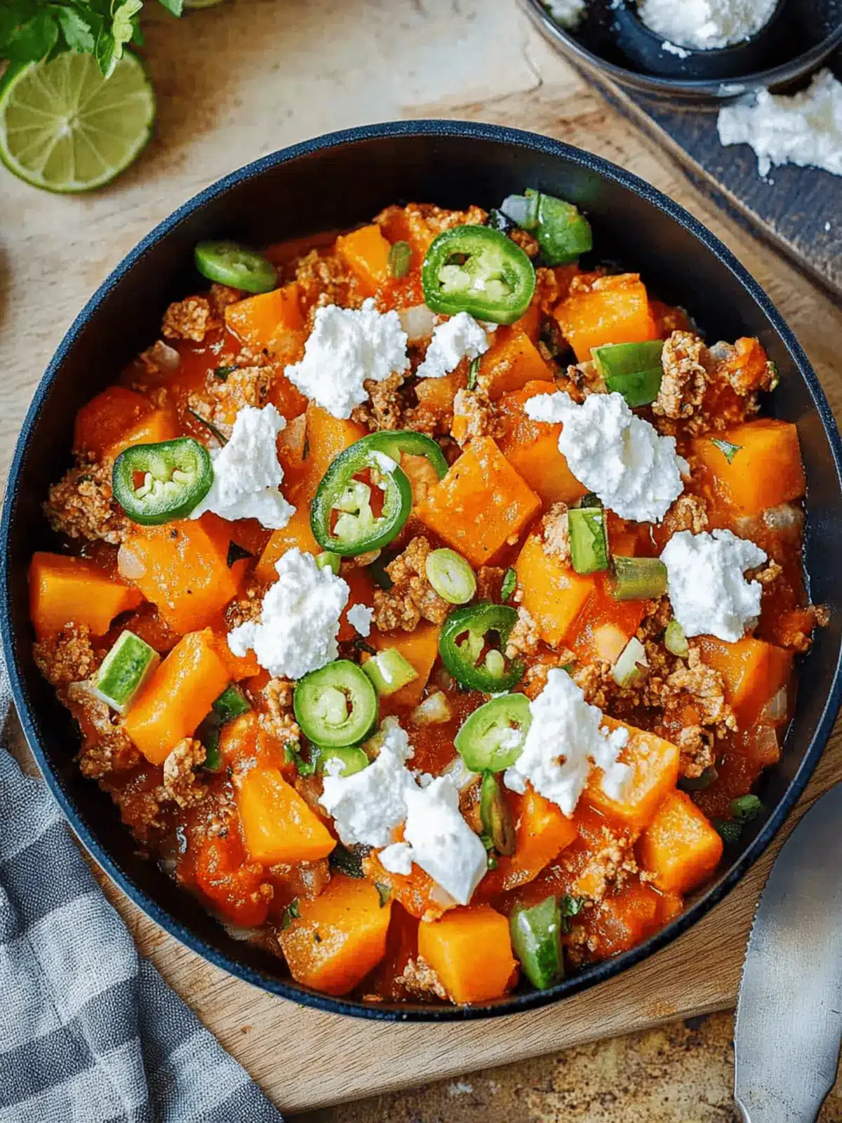 Kürbis und Hackfleischpfanne mit Feta