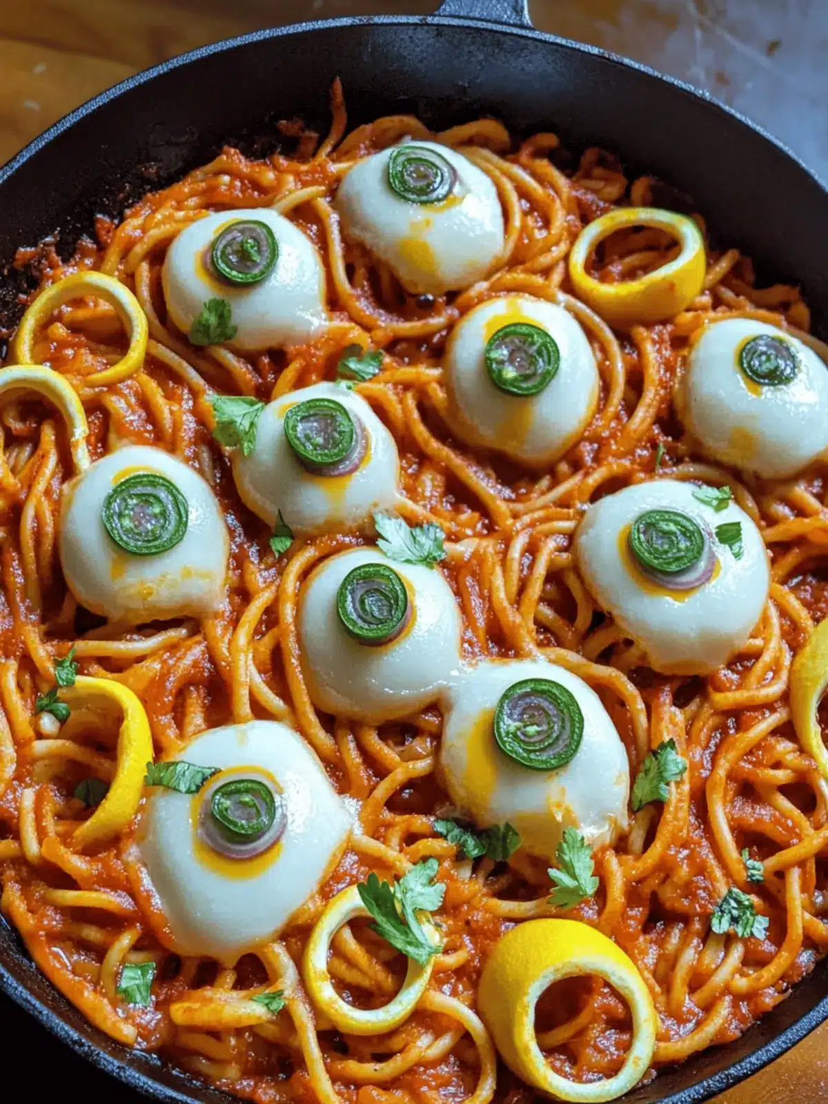 blutige Spaghetti mit Mozzarella-Augen