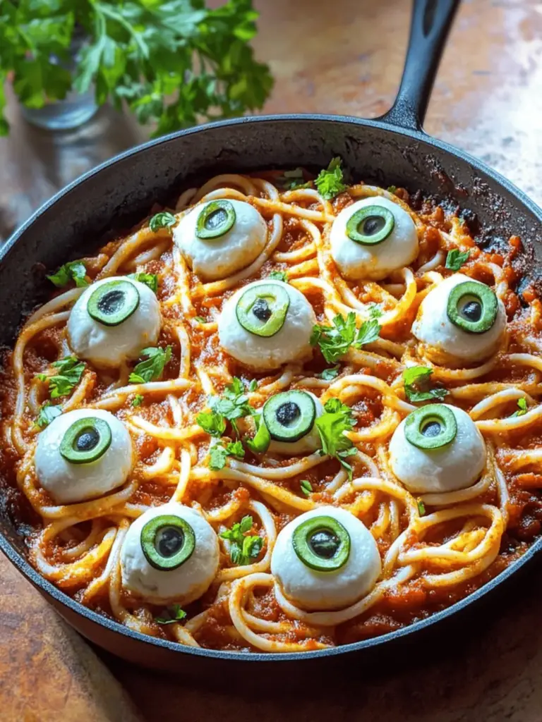 blutige Spaghetti mit Mozzarella-Augen
