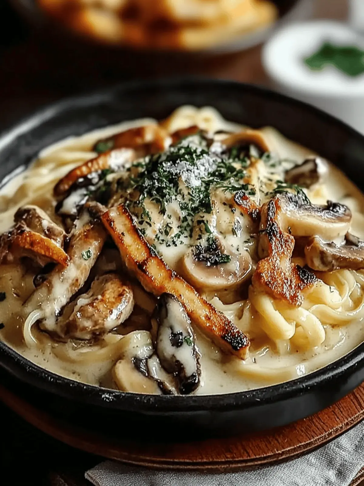 Cremige Pilz Udon Hühnchen