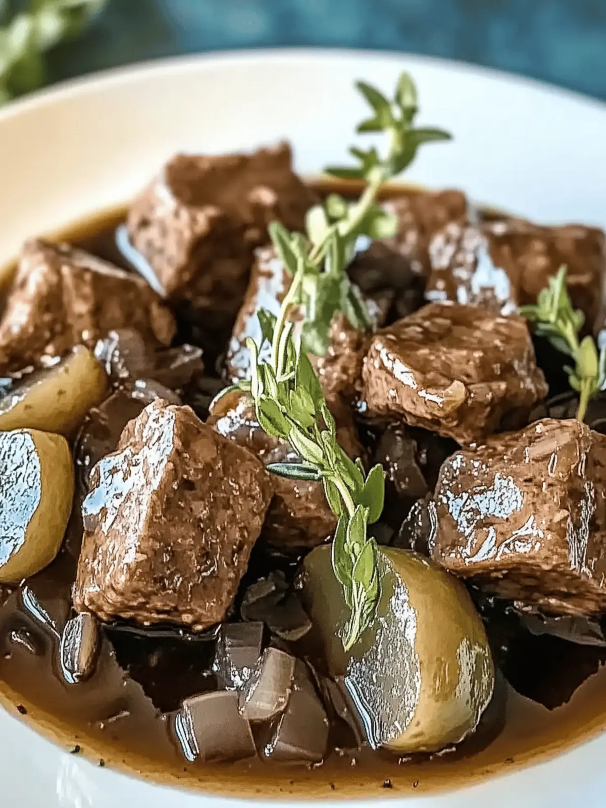 Genießen Sie zartes Rindfleisch in einer aromatischen Balsamico- und Zwiebelsoße.