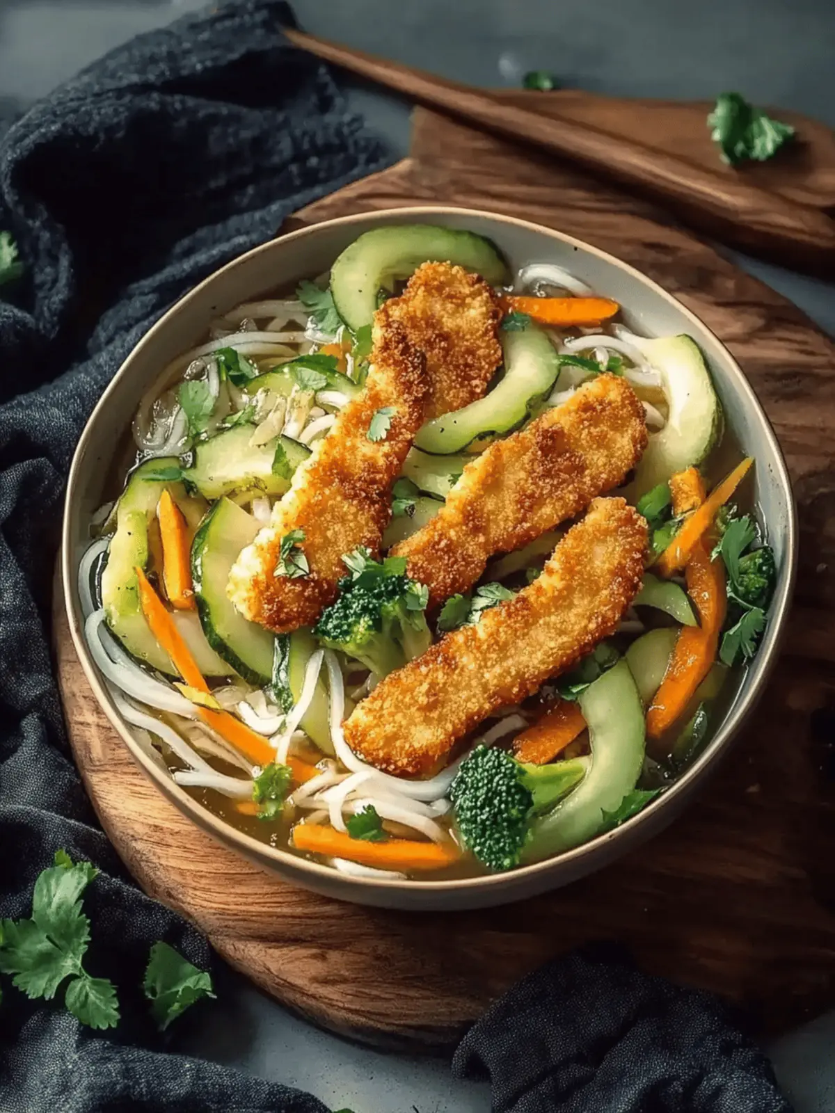 Udon-Nudel-Pfanne mit Gemüse und knusprigem Hühnchen