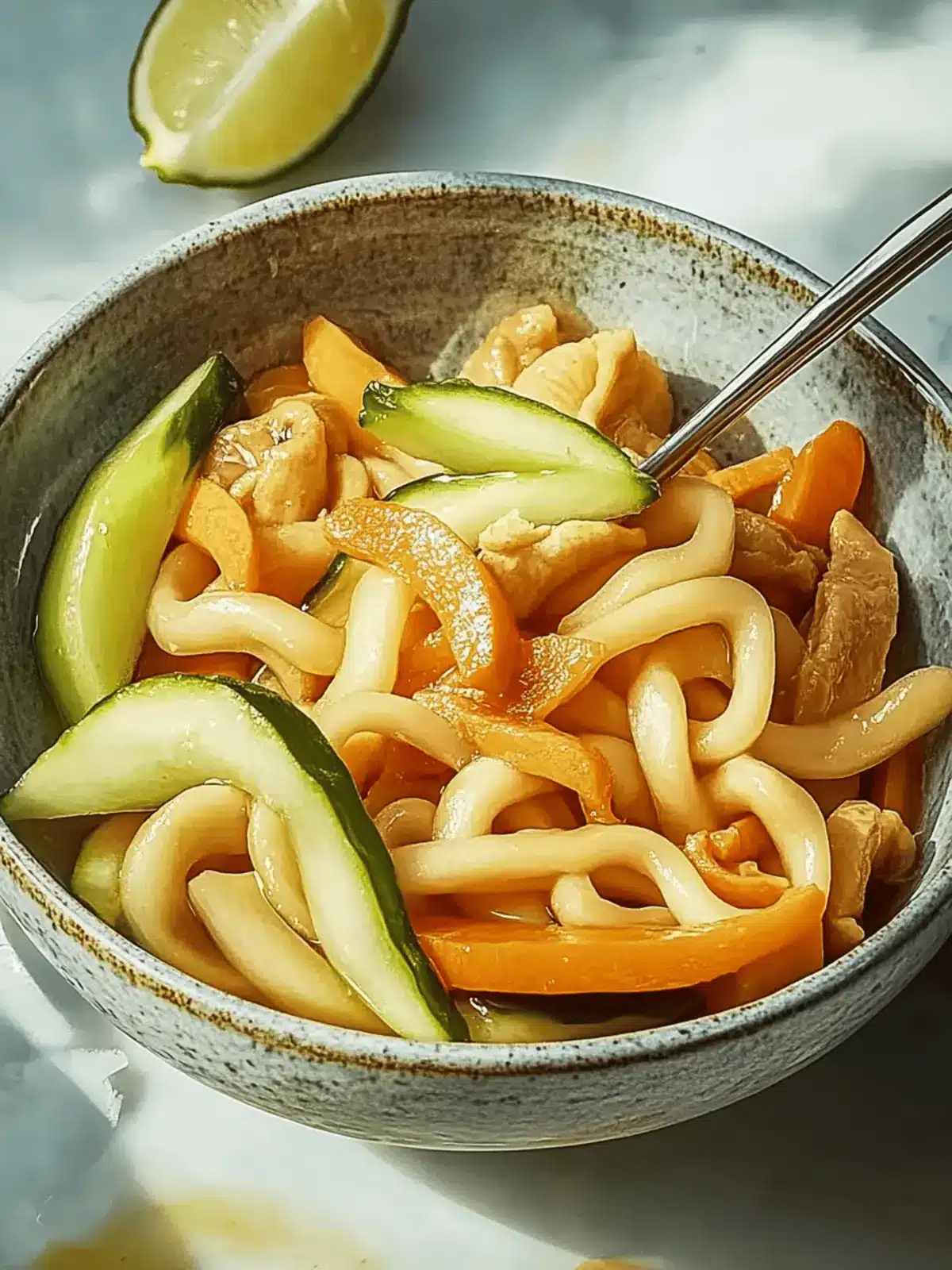Udon-Nudeln Pfannengericht mit Hähnchen und Gemüse