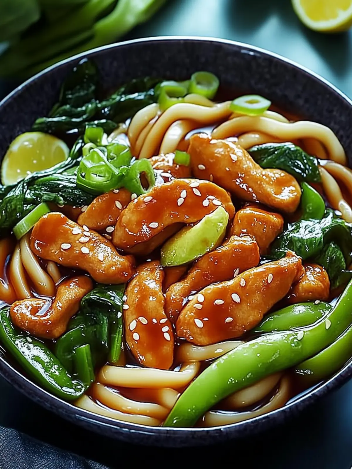 Teriyaki-Hühnchen-Udon-Nudeln mit Choy Sum