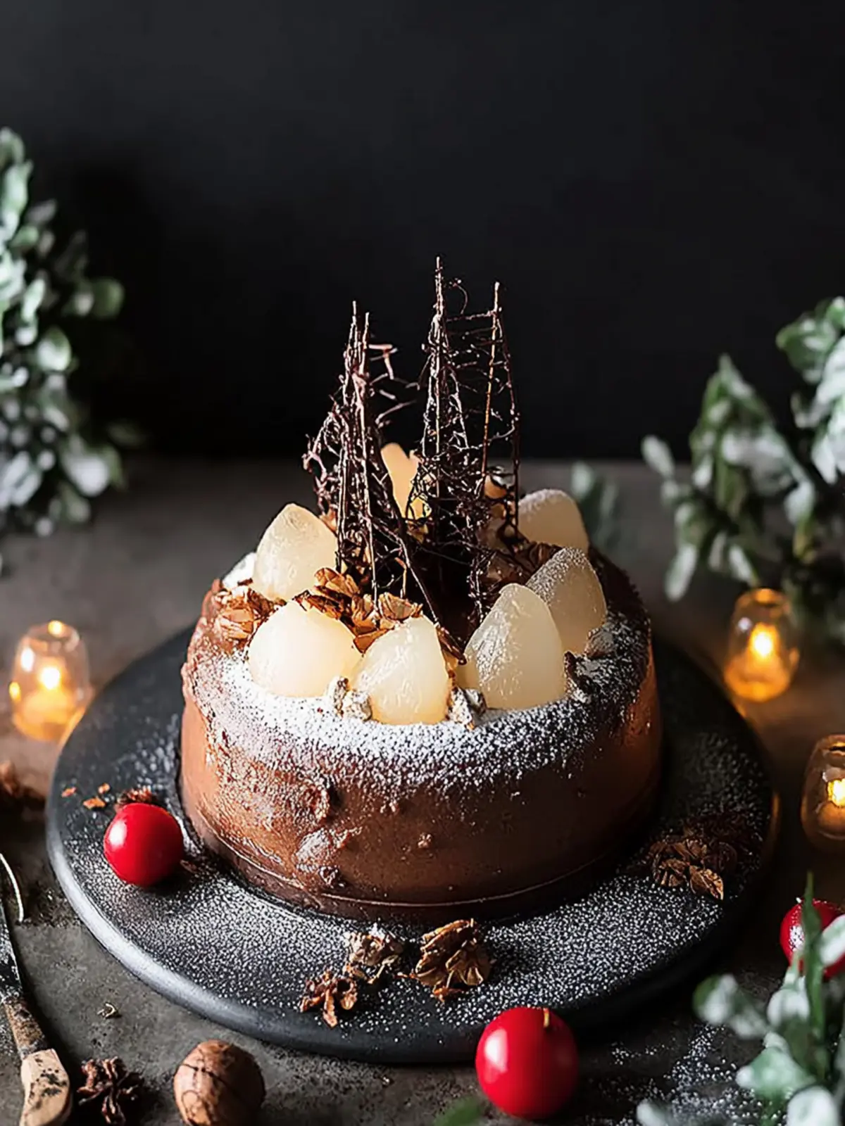 Wintermaulwurfskuchen mit Zimtcreme und Punschkirschen