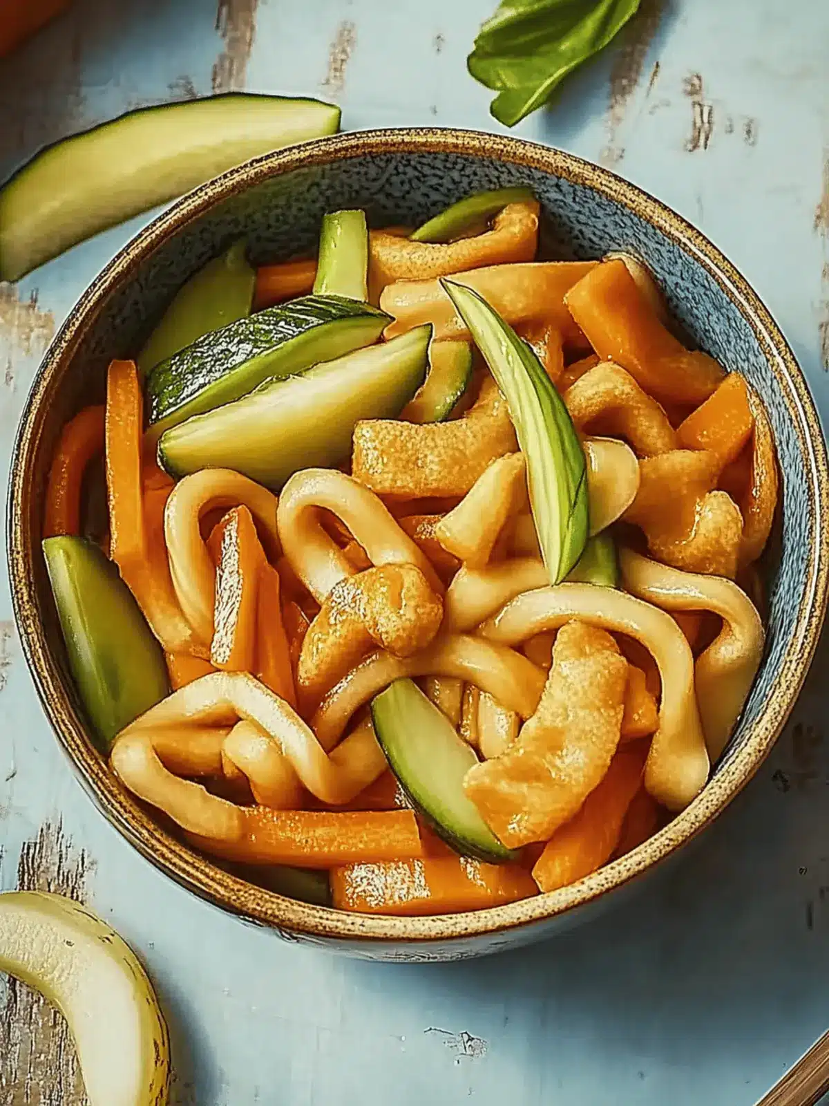 Udon-Nudeln Pfannengericht mit Hähnchen und Gemüse