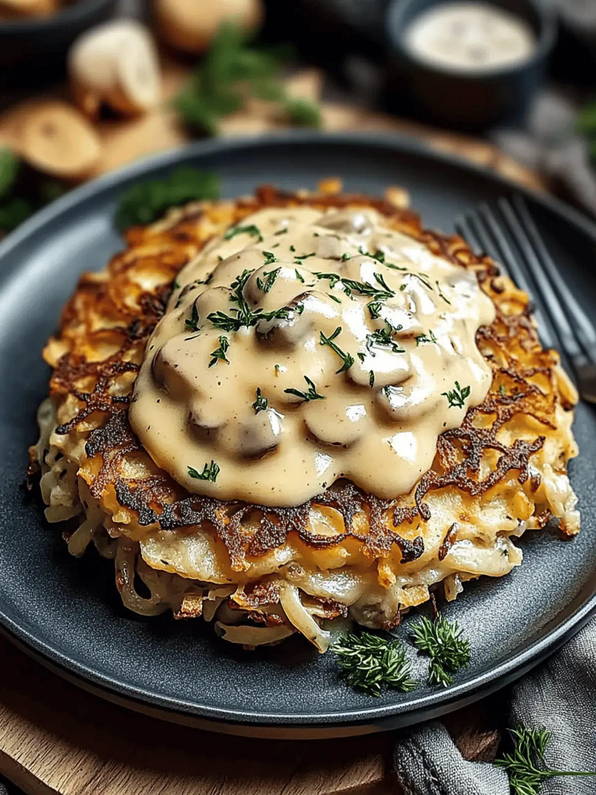 Entdecken Sie Mozzarella-Rösti mit Zwiebel- und Champignonrahmsauce