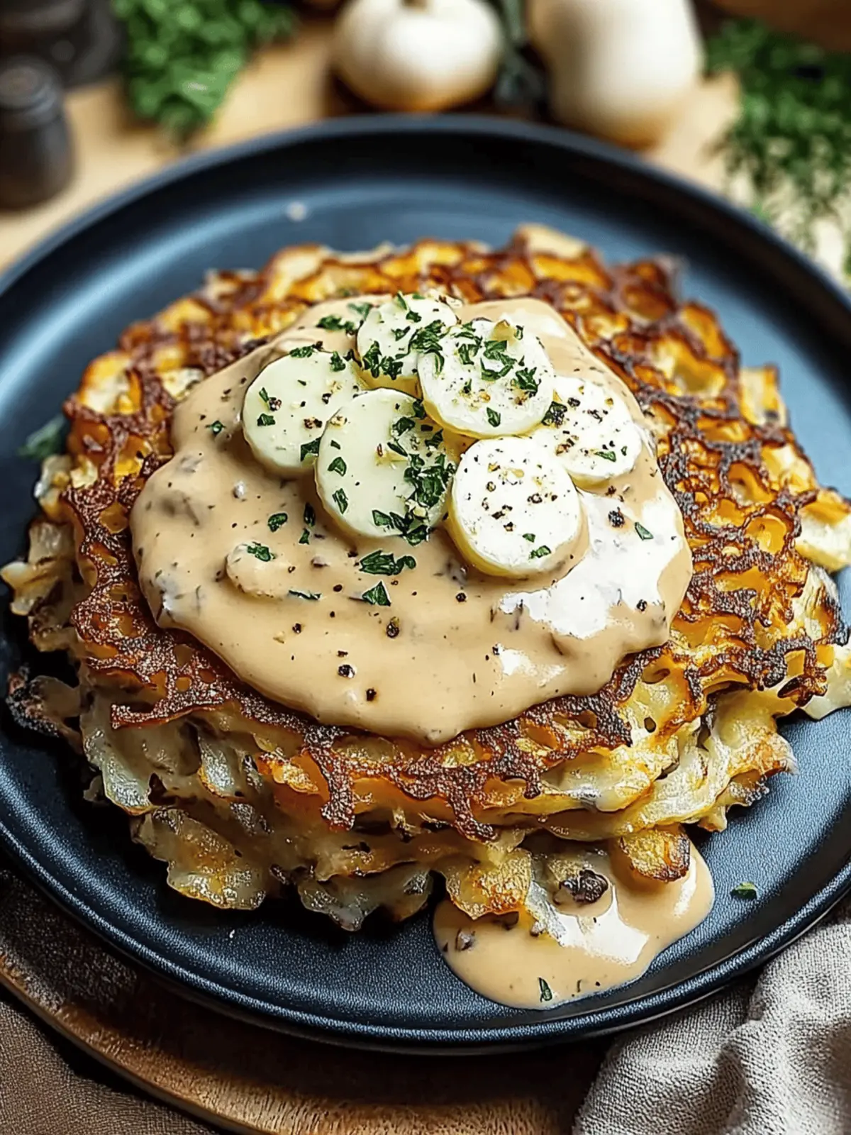 Entdecken Sie Mozzarella-Rösti mit Zwiebel- und Champignonrahmsauce