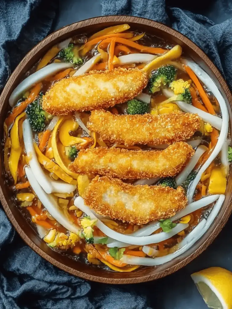 Udon-Nudel-Pfanne mit Gemüse und knusprigem Hühnchen