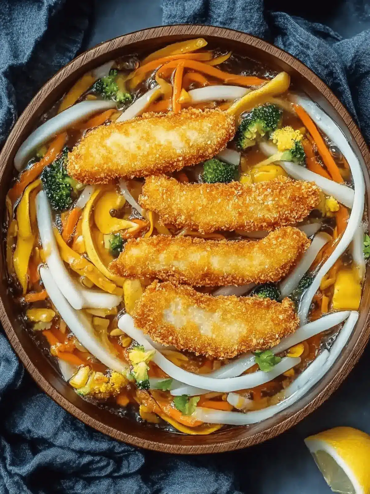 Udon-Nudel-Pfanne mit Gemüse und knusprigem Hühnchen