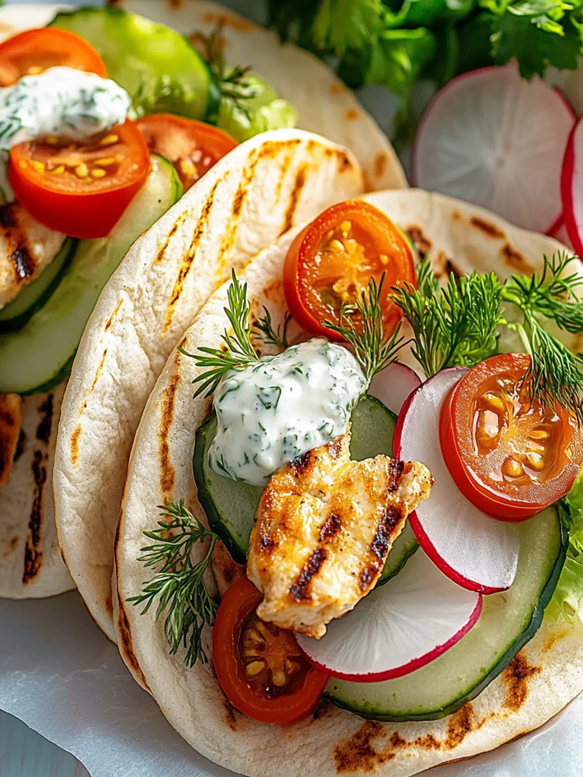 Griechische Hähnchen-Pitas mit Tzatziki und Feta