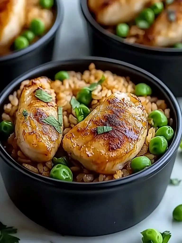 Proteinreiche, knusprige gebratene Reispfanne mit Knoblauchhühnchen