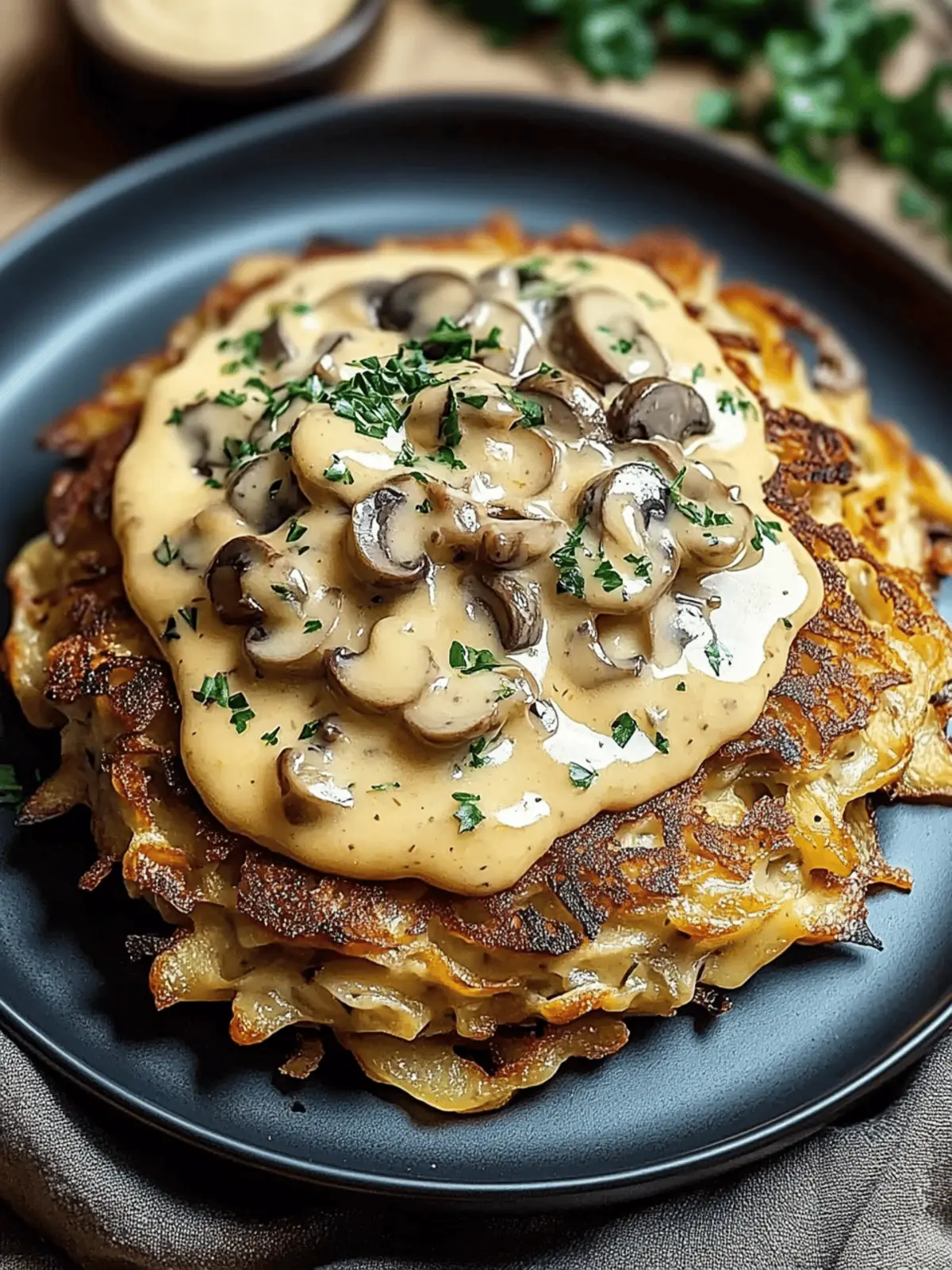 Entdecken Sie Mozzarella-Rösti mit Zwiebel- und Champignonrahmsauce