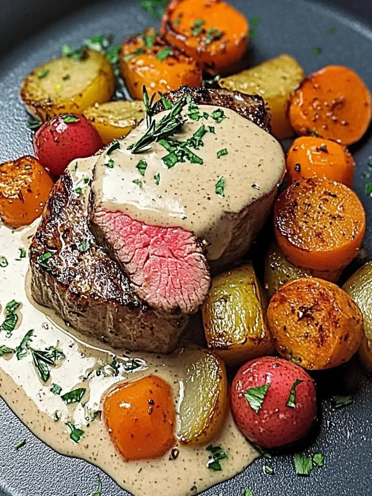 Genießen Sie Rinderfilet mit Knoblauch-Dijon-Cremesauce