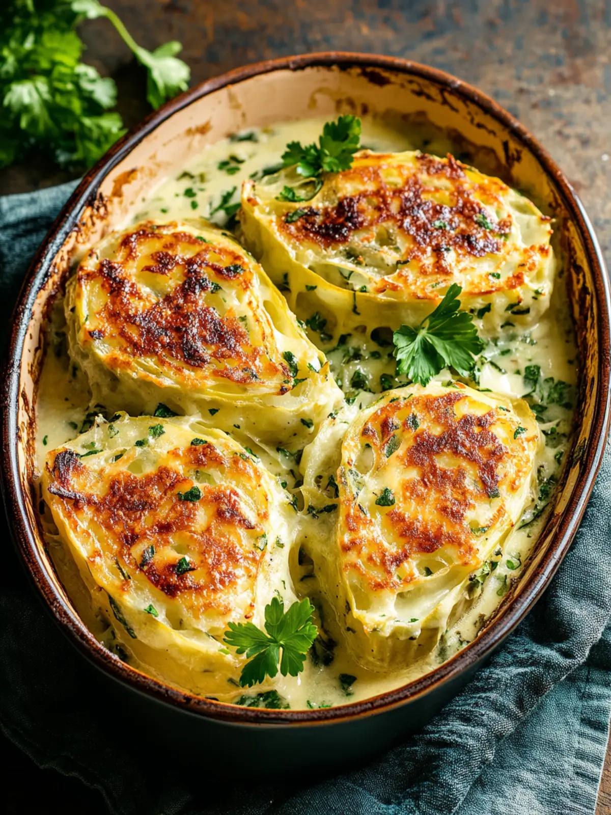 Cremig gebackener Spitzkohl mit einer Café de Paris Kruste