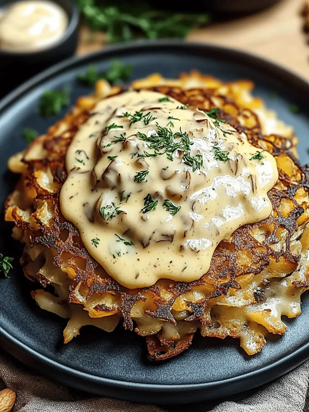Entdecken Sie Mozzarella-Rösti mit Zwiebel- und Champignonrahmsauce