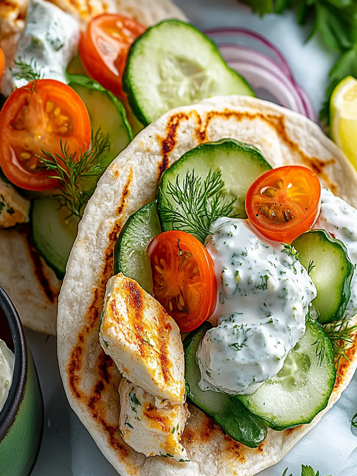 Griechische Hähnchen-Pitas mit Tzatziki und Feta