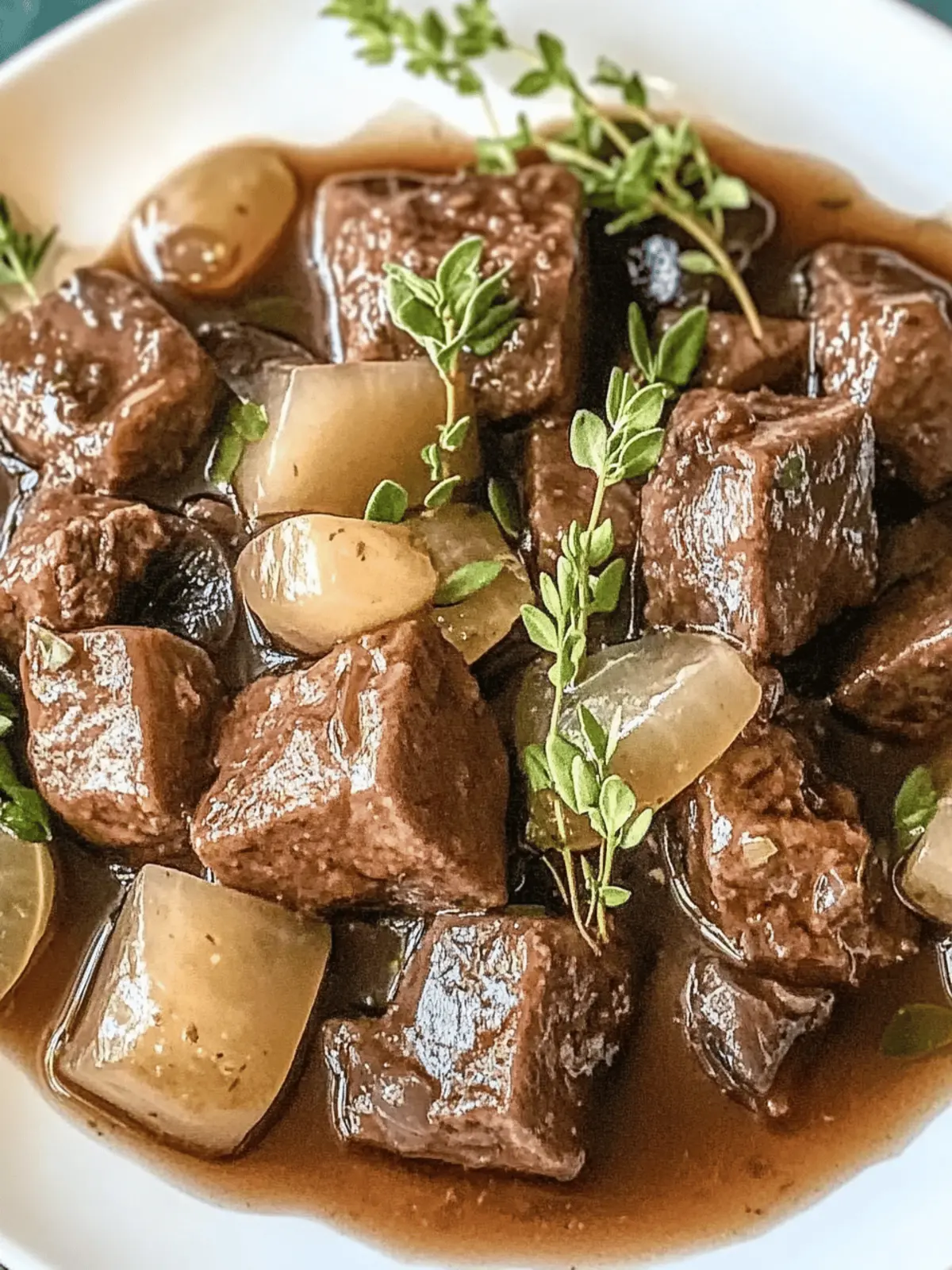 Genießen Sie zartes Rindfleisch in einer aromatischen Balsamico- und Zwiebelsoße.