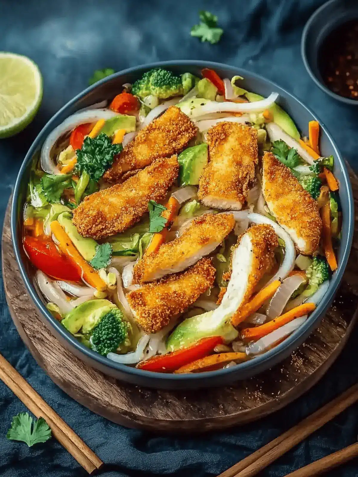 Udon-Nudel-Pfanne mit Gemüse und knusprigem Hühnchen