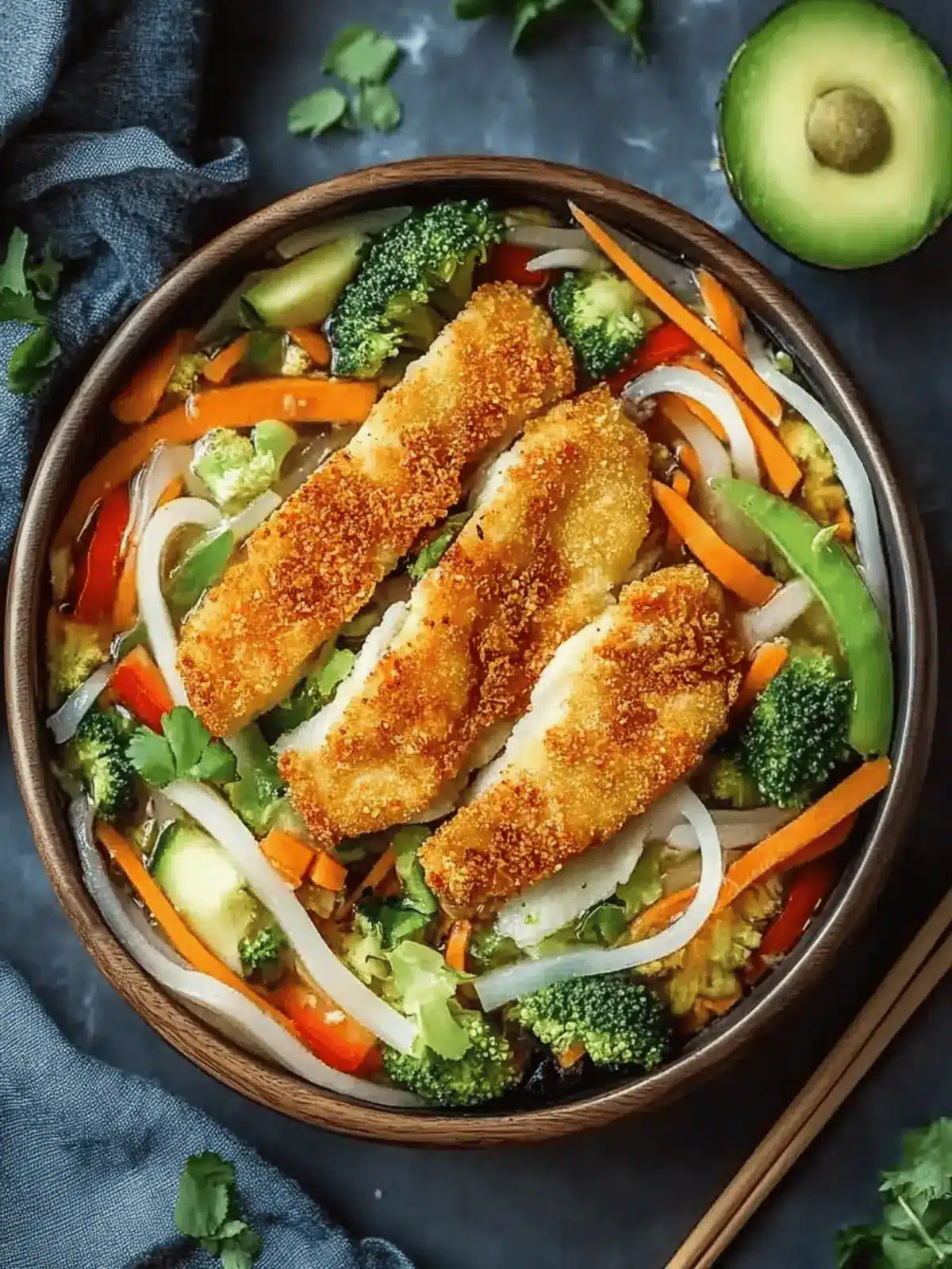 Udon-Nudel-Pfanne mit Gemüse und knusprigem Hühnchen